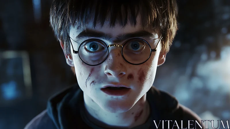 Wide-eyed boy with glasses stands stunned in soft blue light