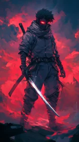 Hooded cyber ninja stands with glowing sword in red clouds