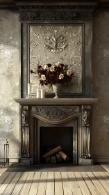 Baroque fireplace still life under quiet morning light.