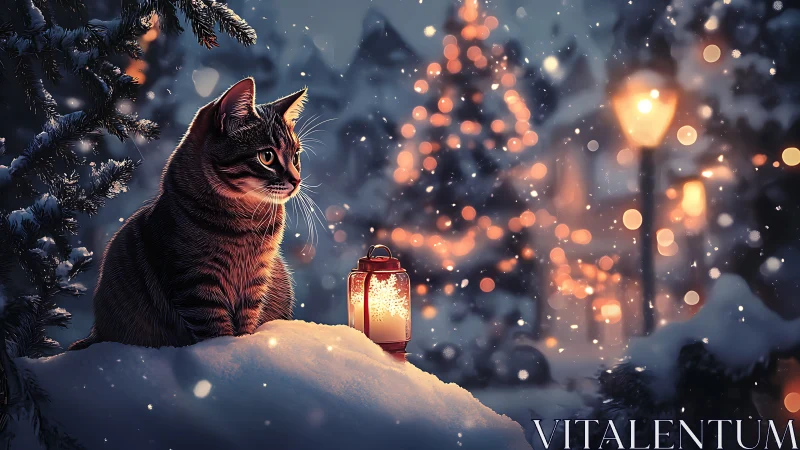 Cat watches lantern glow in softly falling winter snow