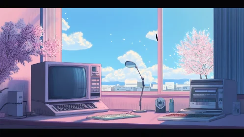 Retro computer desk under clear sky and cherry blossoms.