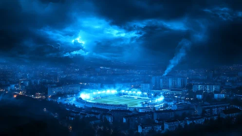 Electric blue night panorama reveals illuminated city stadium