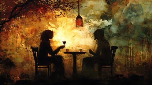Warm twilight caf&eacute; chat between two quiet silhouettes.