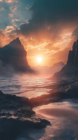 Sun over coastal inlet between steep dark rock formations.