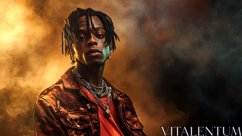 Portrait of young man in layered chains against smoky backdrop