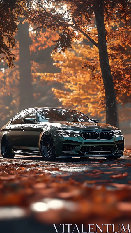 Sporty green sedan resting beneath glowing autumn trees.