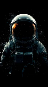 Solitary astronaut floats in darkness with burning visor.