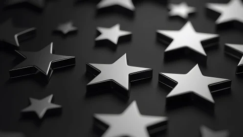 Shiny Black 3D Stars on Dark Background, Minimalist Style.