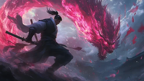 Samurai confronting swirling pink spectral dragon storm.