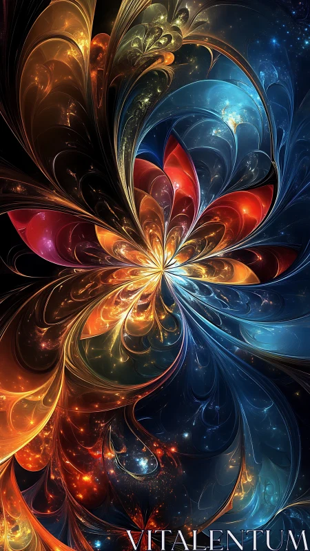 Cosmic flower unfurling in swirling, starry rainbow light.