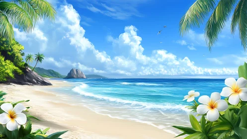 Tropical Beach Scene with Volumetric Sky Rendering and Seaside Geological Formations