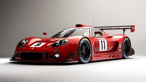 Red endurance race car rendered in studio-grade 3D lighting.
