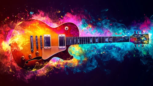 Electric guitar glows in a swirling storm of vivid color