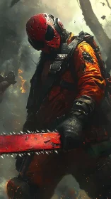 Masked warrior in red armor wielding bloodied chainsaw.