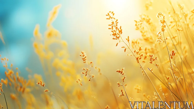 Backlit wild grass stems glow against soft cyan sky gradient