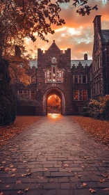 Gothic campus archway under dramatic autumn sunset glow.