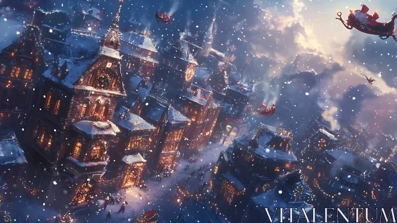 Snow-covered townscape with illuminated buildings at dusk.