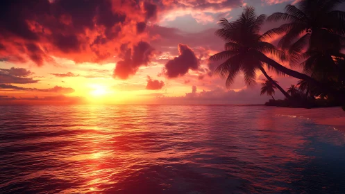 Tropical coastline under vivid red and orange sunset sky.