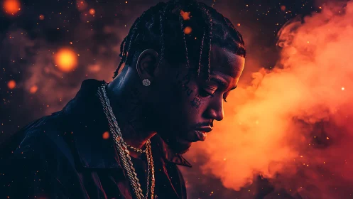 Moody portrait of rapper in glowing orange smoke. Period.