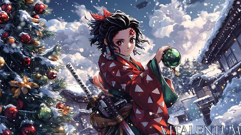Anime warrior celebrates a snowy, festive winter evening