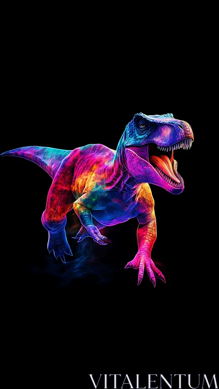 Neon-spectrum T. rex rendered with high-contrast edge lighting on black
