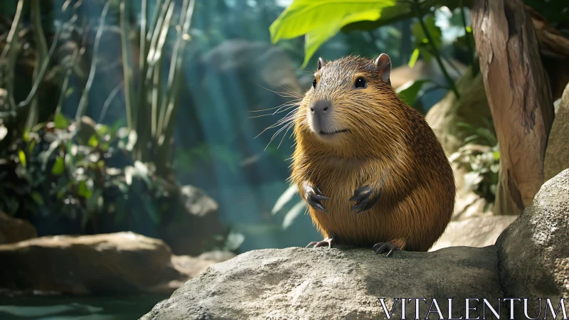 Curious rodent sits on sunlit river rock in rainforest