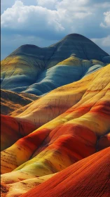 Layered rainbow hills under dramatic stormlit sky.