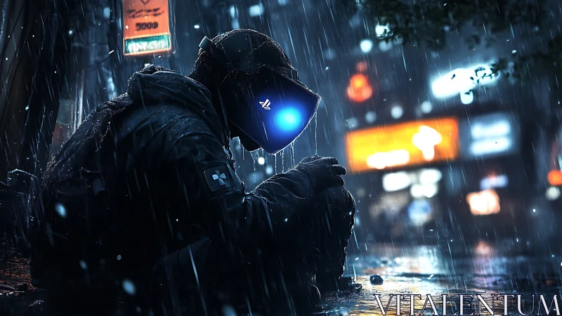 Cybernetic drifter in neon rain with luminous visor glow.