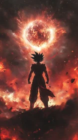 Silhouetted warrior under burning celestial firestorm.