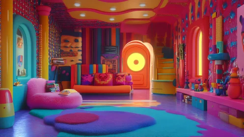 Neon dream lounge glows with candy-colored retro whimsy.