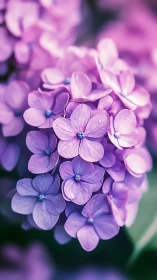 Botanical macro photograph revealing purple hydrangea florets with sharp focus and selective depth o