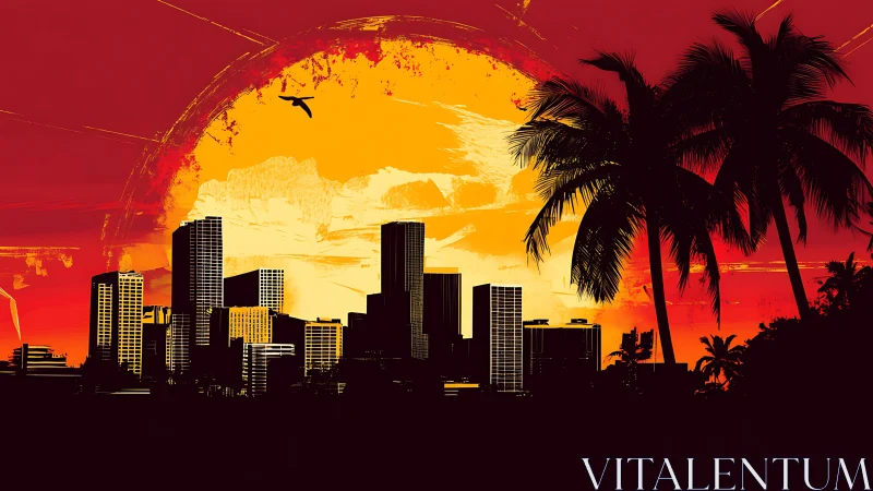 Sunset city skyline glows behind silhouetted tropical palms.