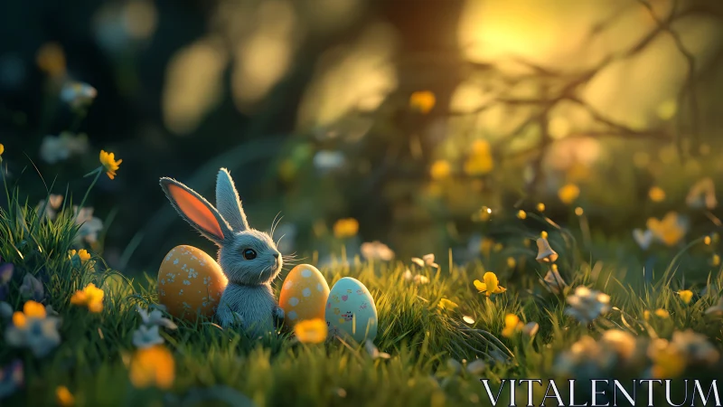 Small rabbit sits among decorated eggs in soft backlight