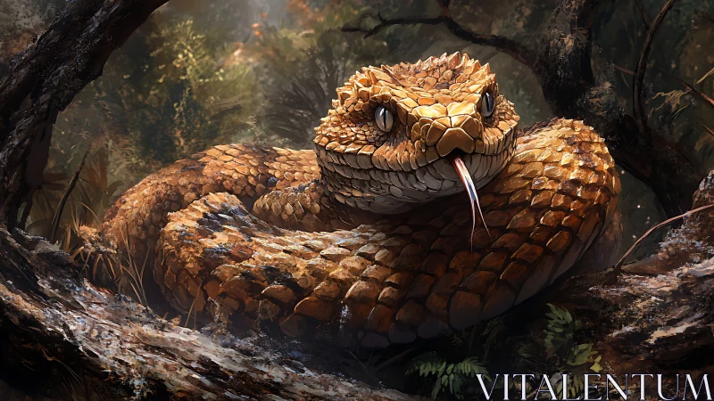 Forest ember serpent coils in watchful, scale-bright silence.