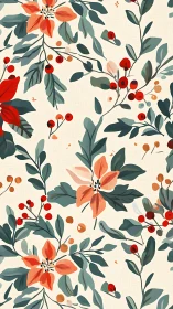 Floral branches with coral blooms in seamless digital pattern.