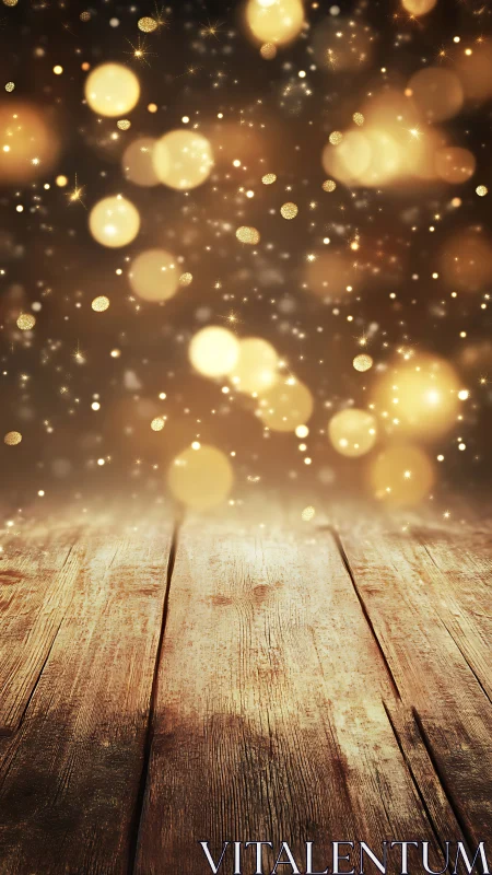 Warm bokeh lights over rustic wooden floor perspective.