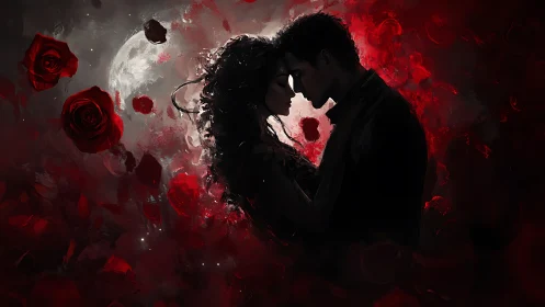 Silhouetted Couple Embracing Amid Crimson Rose Nebula and Moonlight