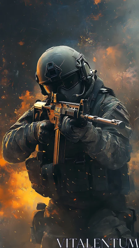 Tactical soldier with rifle in combat gear amid fire and smoke.