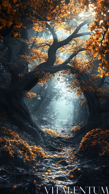 Enchanted forest path under twisted autumn canopy.