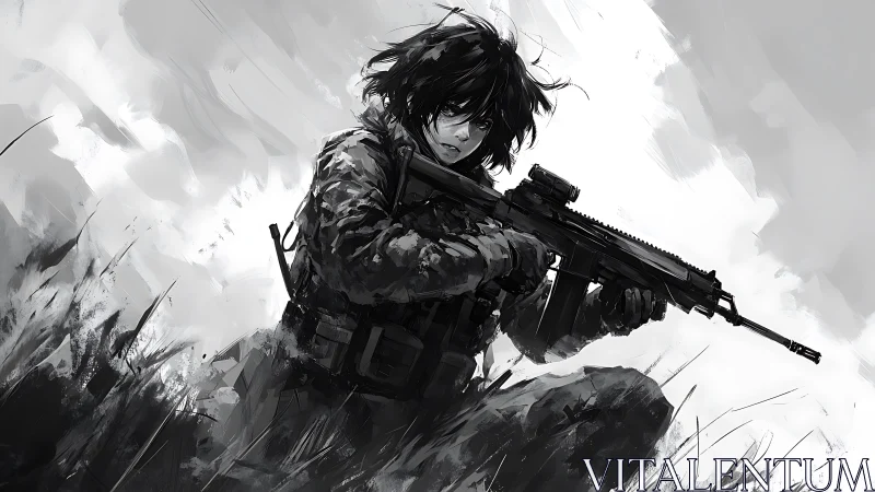 Soldier crouches in grass aiming rifle in monochrome art