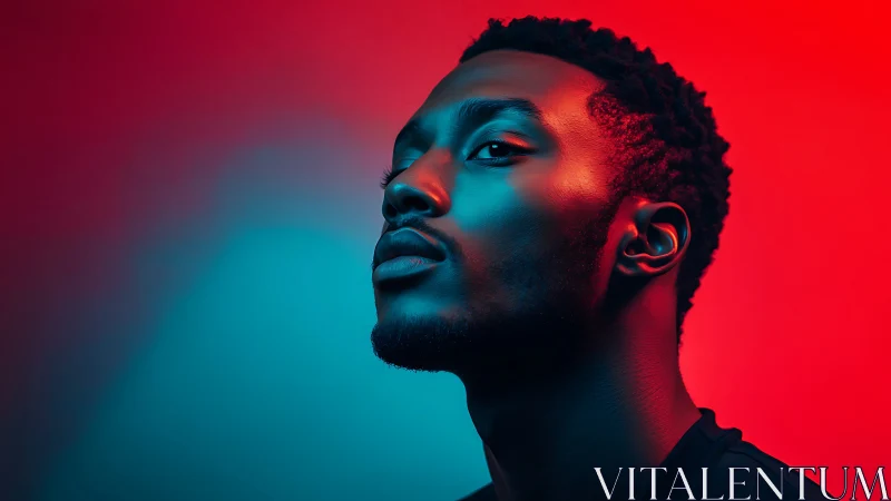 Side-profile male portrait in dual red and blue lighting.