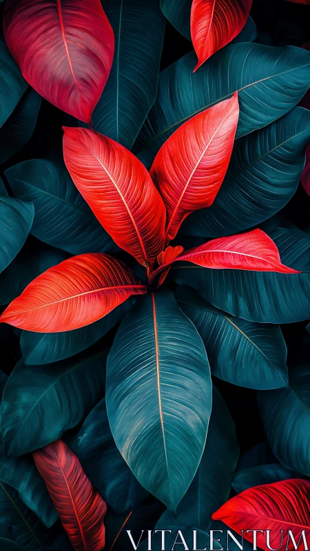Crimson jungle leaves ignite against deep teal shadows.