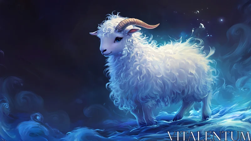 Starlit Cloud Goat Wandering Through Dreamy Blue Waves.