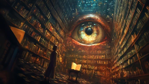 Vast library interior with central luminescent eye motif.