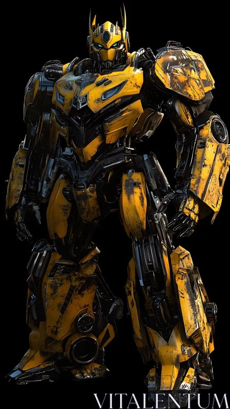 Battle-worn yellow combat mech in cinematic 3D render.