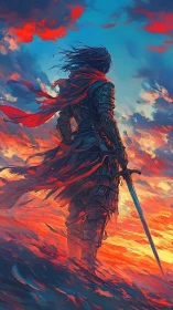 Armored warrior silhouetted against a blazing chromatic sky