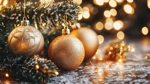 Gilded Christmas baubles glow in a bokeh-lit winter dream.