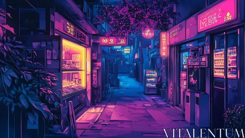 Neon side street glows with cyberpunk shopfront lights at night.