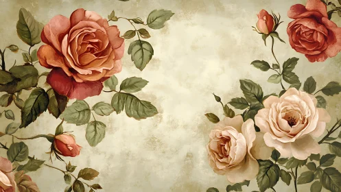 Vintage botanical rose mural with soft symmetrical framing.