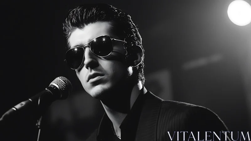 Monochrome male vocalist in stage spotlight with mic.